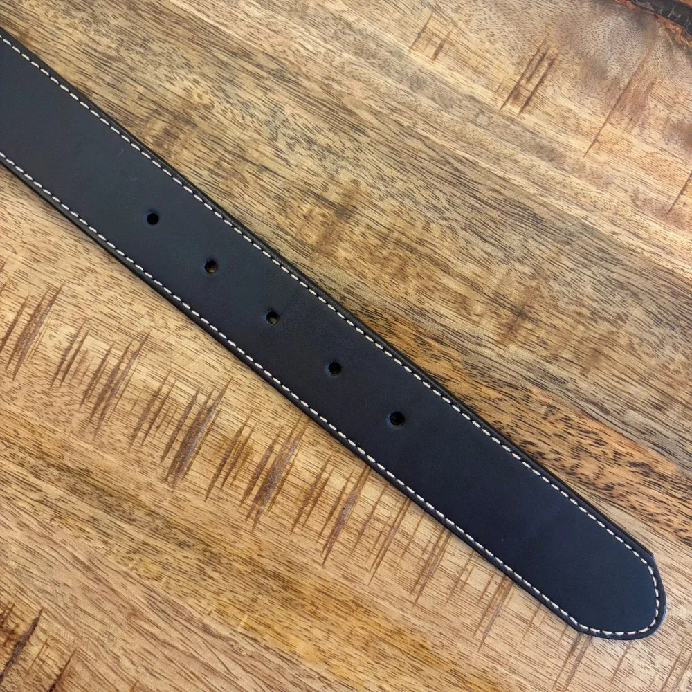 LL Bean Leather Belt Mens M 32 Dark Brown Solid Brass Contrast Stitch Made USA